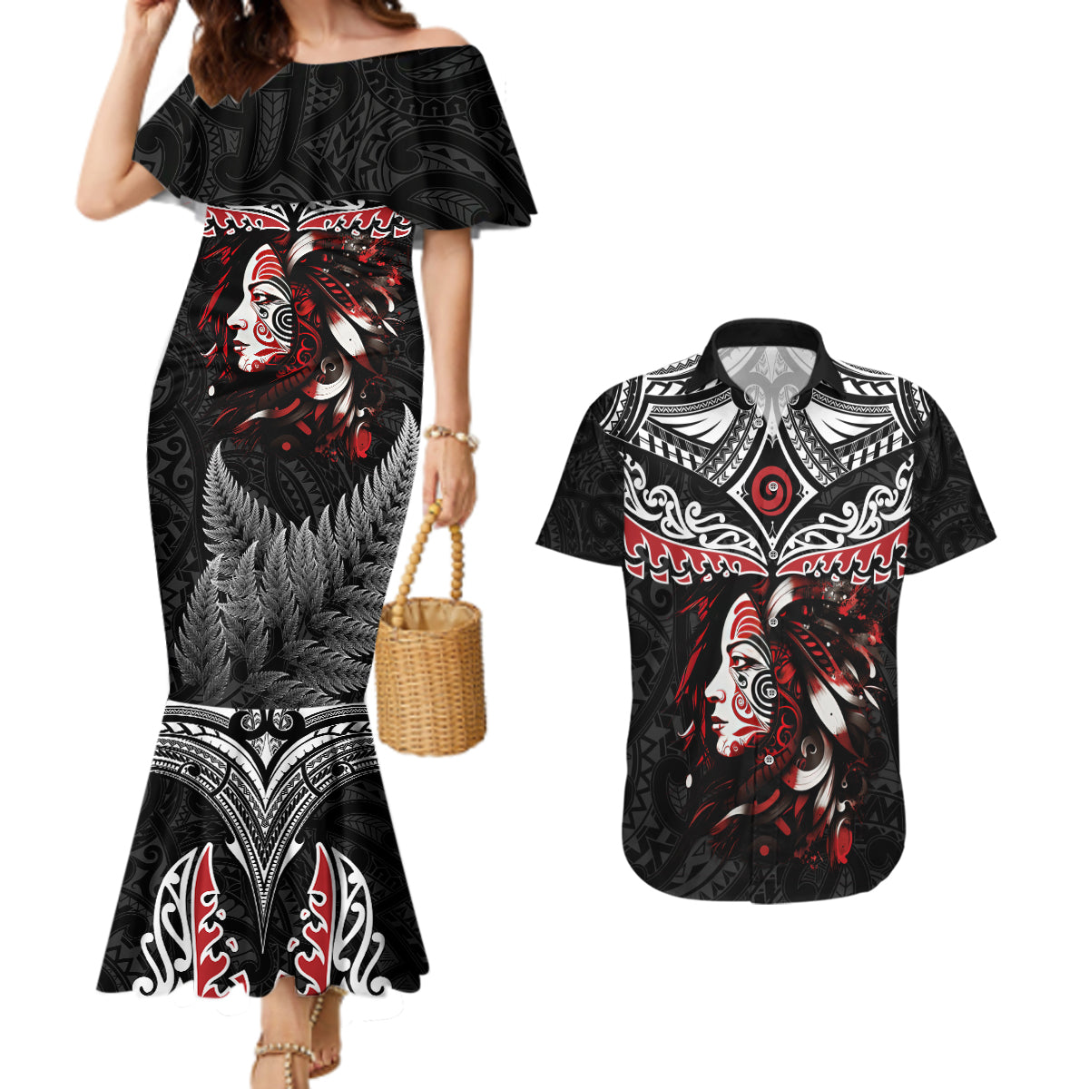 New Zealand Maori Girl Couples Matching Mermaid Dress and Hawaiian Shirt Silver Fern and Koru Pattern LT03 Black - Polynesian Pride