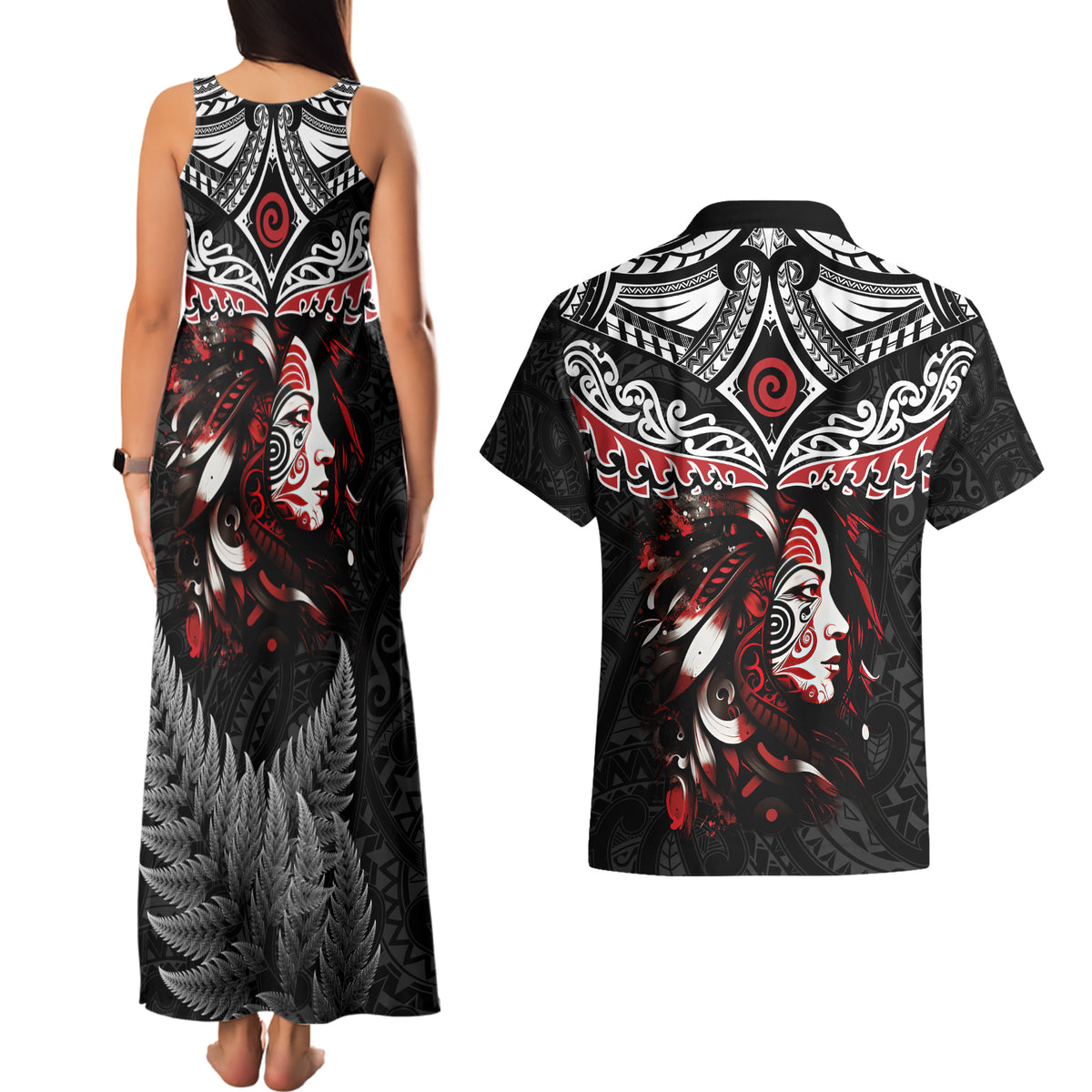 New Zealand Maori Girl Couples Matching Tank Maxi Dress and Hawaiian Shirt Silver Fern and Koru Pattern LT03 - Polynesian Pride