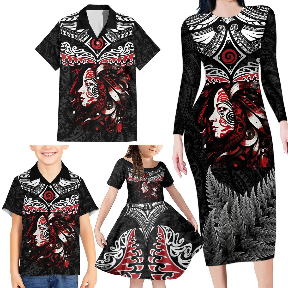 New Zealand Maori Girl Family Matching Long Sleeve Bodycon Dress and Hawaiian Shirt Silver Fern and Koru Pattern LT03 - Polynesian Pride