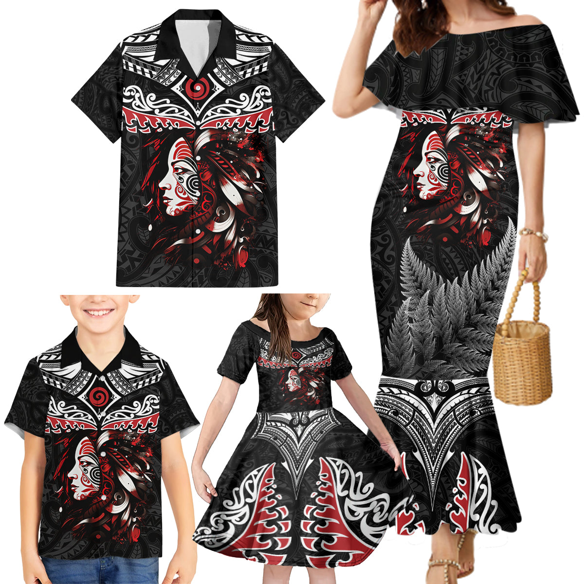 New Zealand Maori Girl Family Matching Mermaid Dress and Hawaiian Shirt Silver Fern and Koru Pattern LT03 - Polynesian Pride