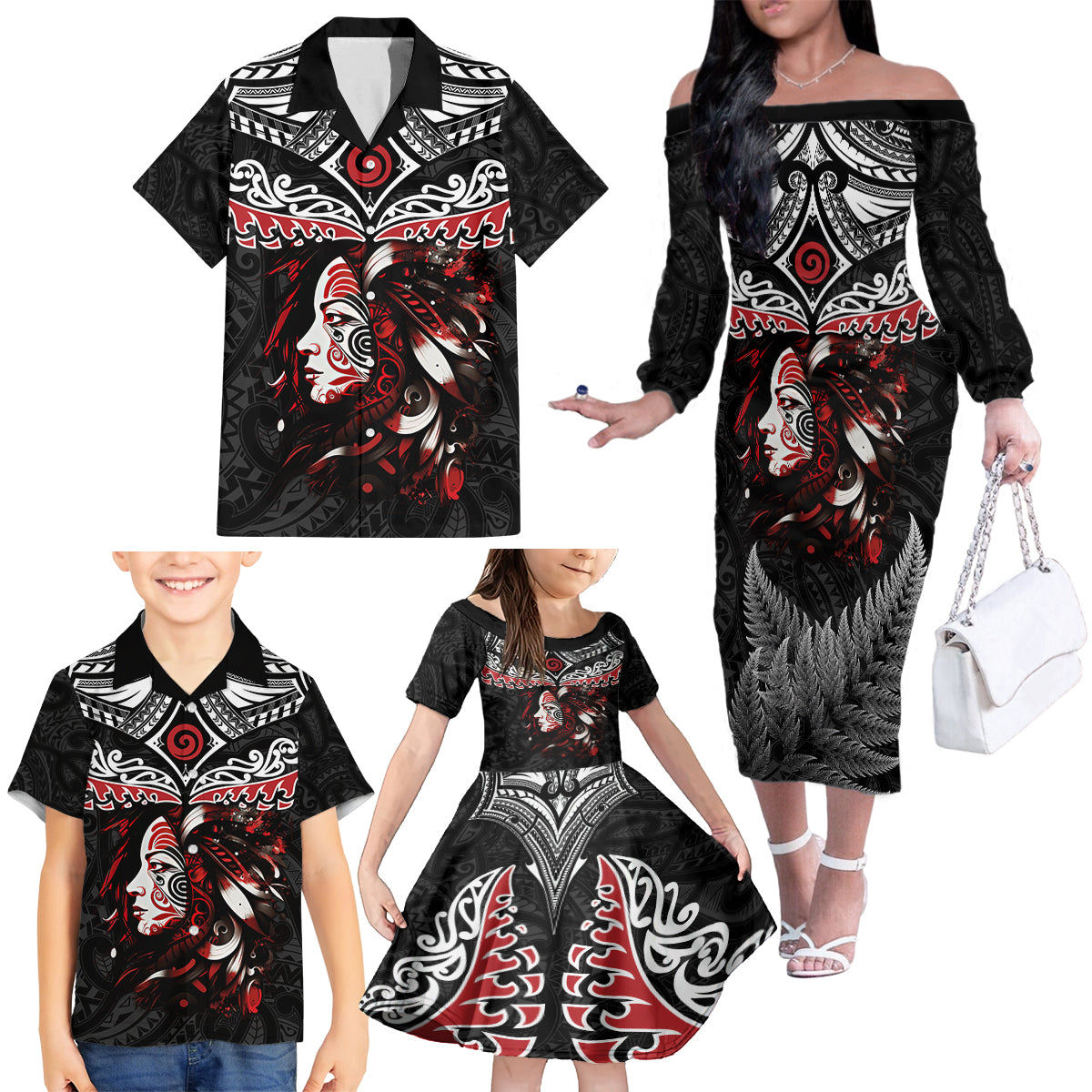 New Zealand Maori Girl Family Matching Off Shoulder Long Sleeve Dress and Hawaiian Shirt Silver Fern and Koru Pattern LT03 - Polynesian Pride