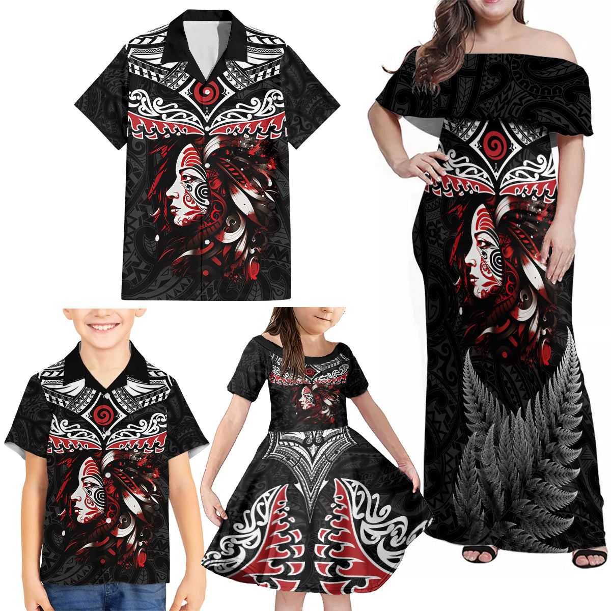 New Zealand Maori Girl Family Matching Off Shoulder Maxi Dress and Hawaiian Shirt Silver Fern and Koru Pattern LT03 - Polynesian Pride