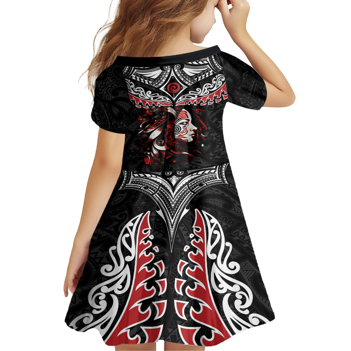 New Zealand Maori Girl Family Matching Short Sleeve Bodycon Dress and Hawaiian Shirt Silver Fern and Koru Pattern LT03 - Polynesian Pride