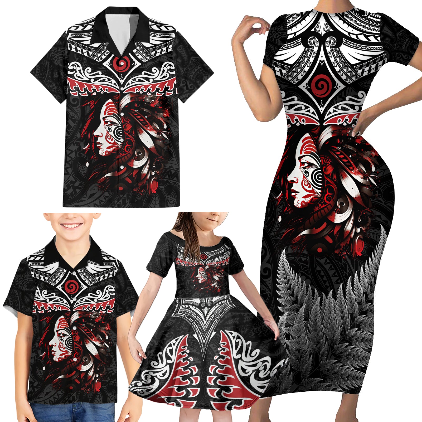 New Zealand Maori Girl Family Matching Short Sleeve Bodycon Dress and Hawaiian Shirt Silver Fern and Koru Pattern LT03 - Polynesian Pride