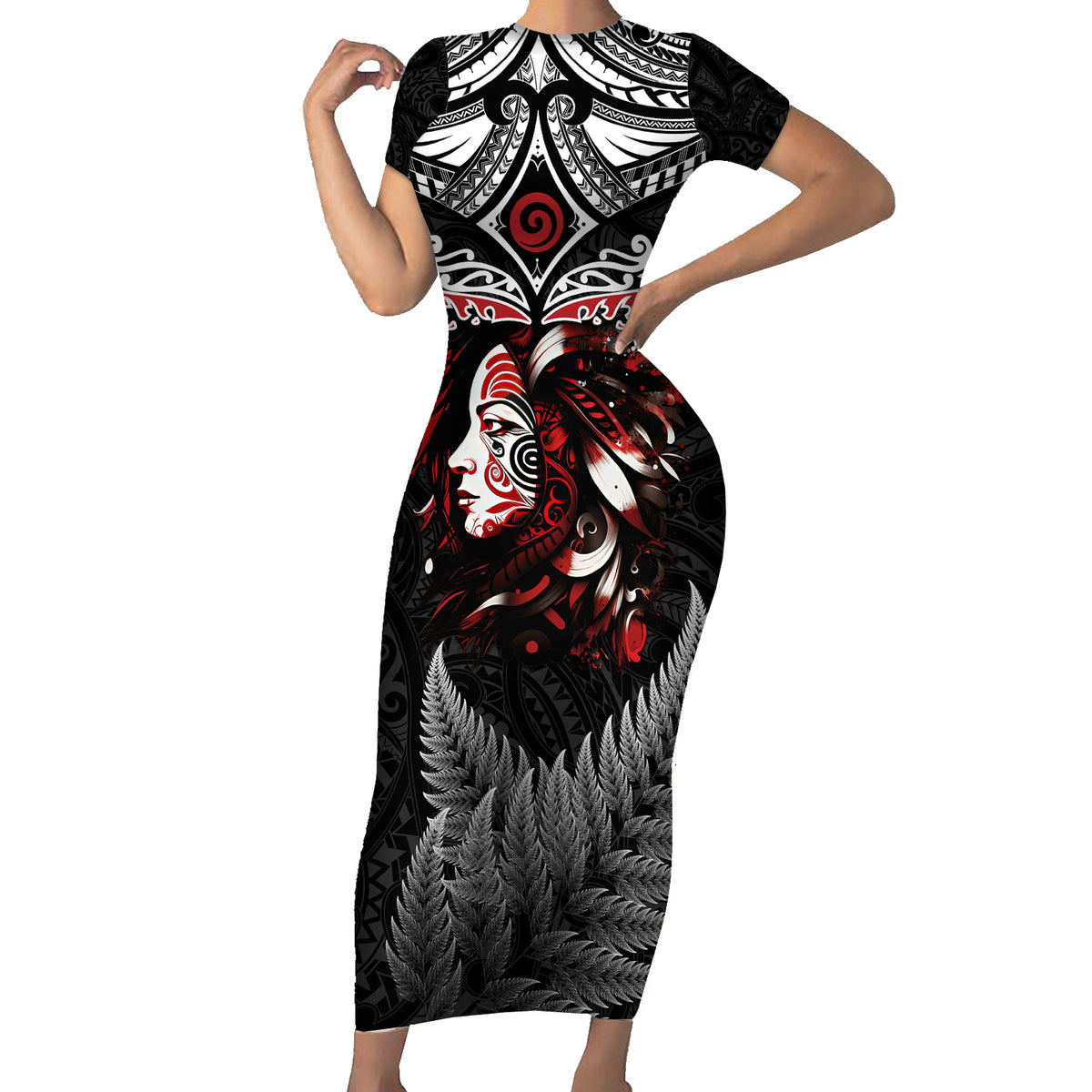 New Zealand Maori Girl Family Matching Short Sleeve Bodycon Dress and Hawaiian Shirt Silver Fern and Koru Pattern LT03 Mom's Dress Black - Polynesian Pride