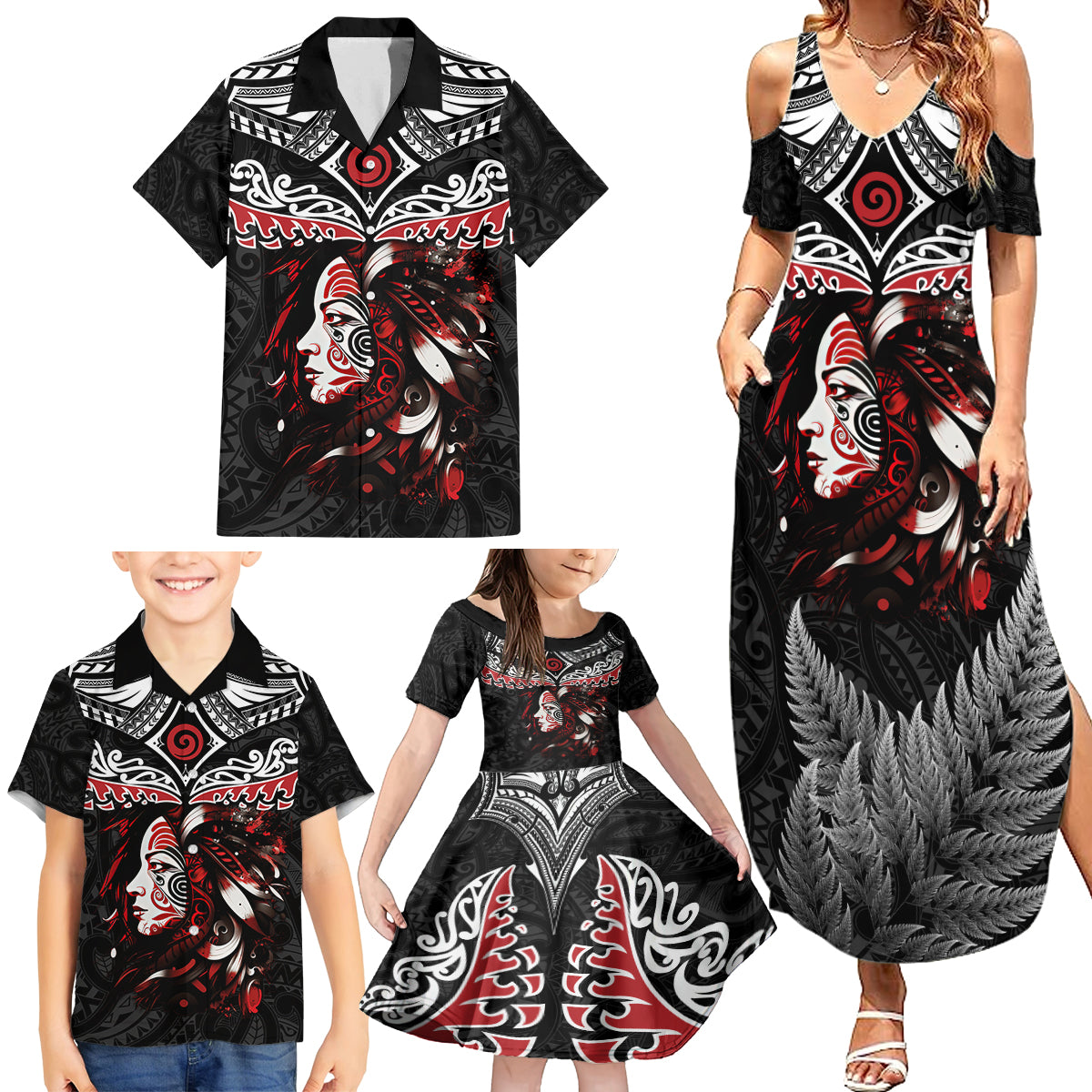 New Zealand Maori Girl Family Matching Summer Maxi Dress and Hawaiian Shirt Silver Fern and Koru Pattern LT03 - Polynesian Pride