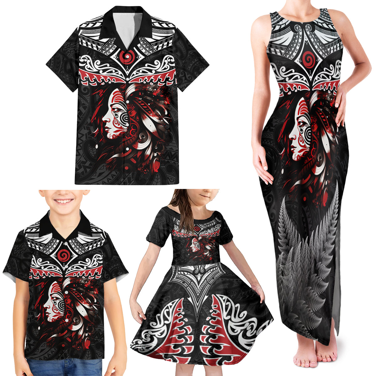 New Zealand Maori Girl Family Matching Tank Maxi Dress and Hawaiian Shirt Silver Fern and Koru Pattern LT03 - Polynesian Pride