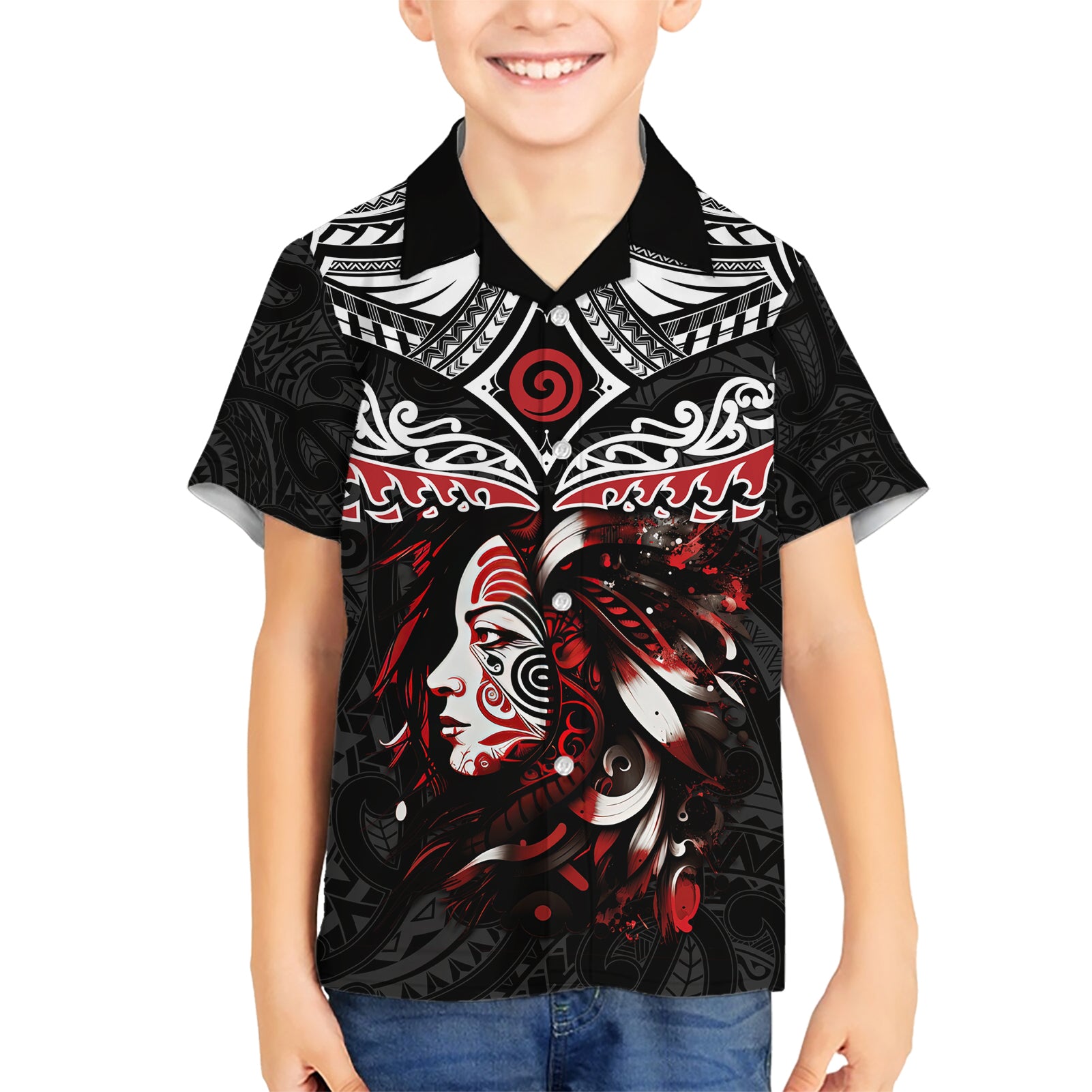 New Zealand Maori Girl Kid Hawaiian Shirt Silver Fern and Koru Pattern LT03 Kid Black - Polynesian Pride