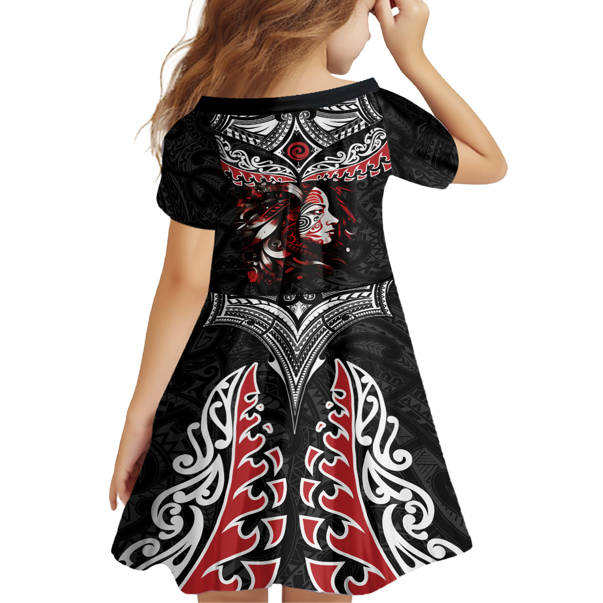 New Zealand Maori Girl Kid Short Sleeve Dress Silver Fern and Koru Pattern LT03 - Polynesian Pride