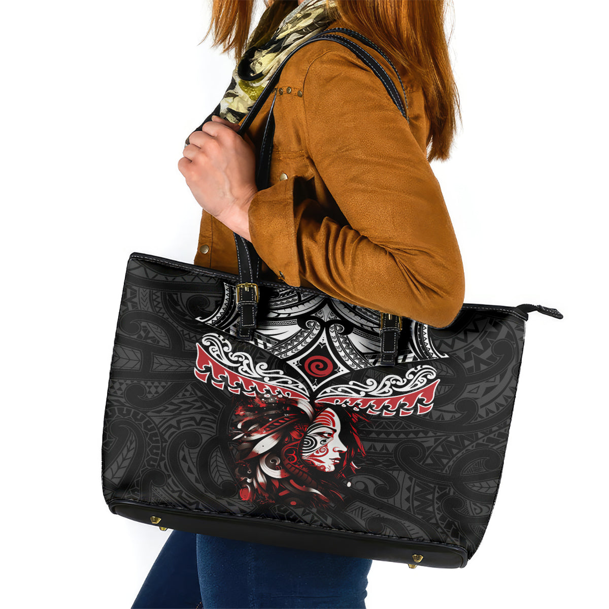 New Zealand Maori Girl Leather Tote Bag - Silver Fern and Koru Pattern LT03 Black - Polynesian Pride
