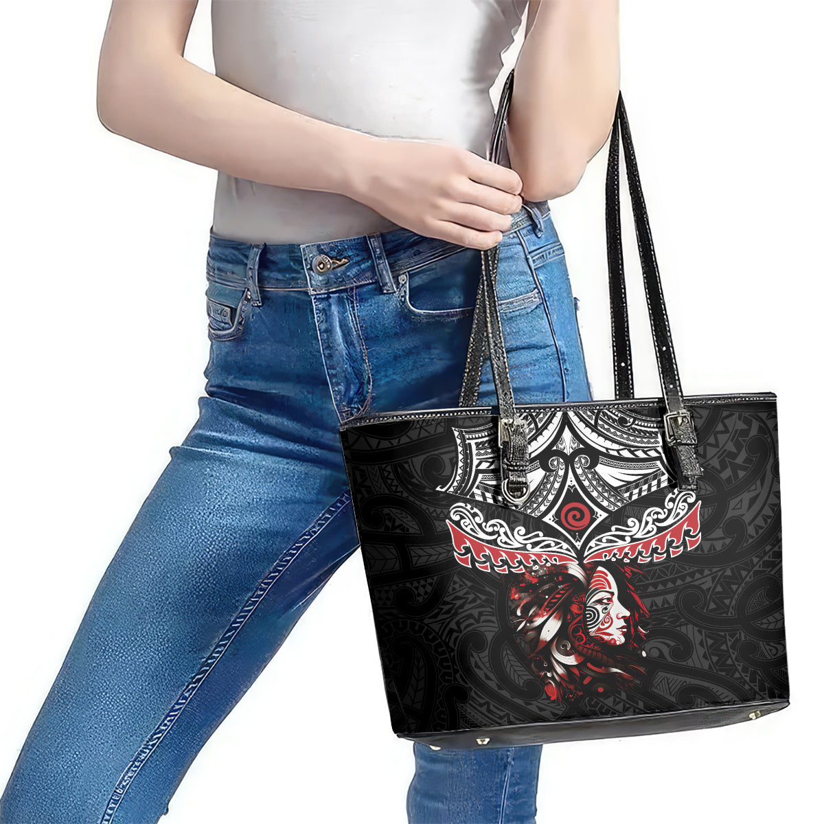 New Zealand Maori Girl Leather Tote Bag - Silver Fern and Koru Pattern LT03 - Polynesian Pride