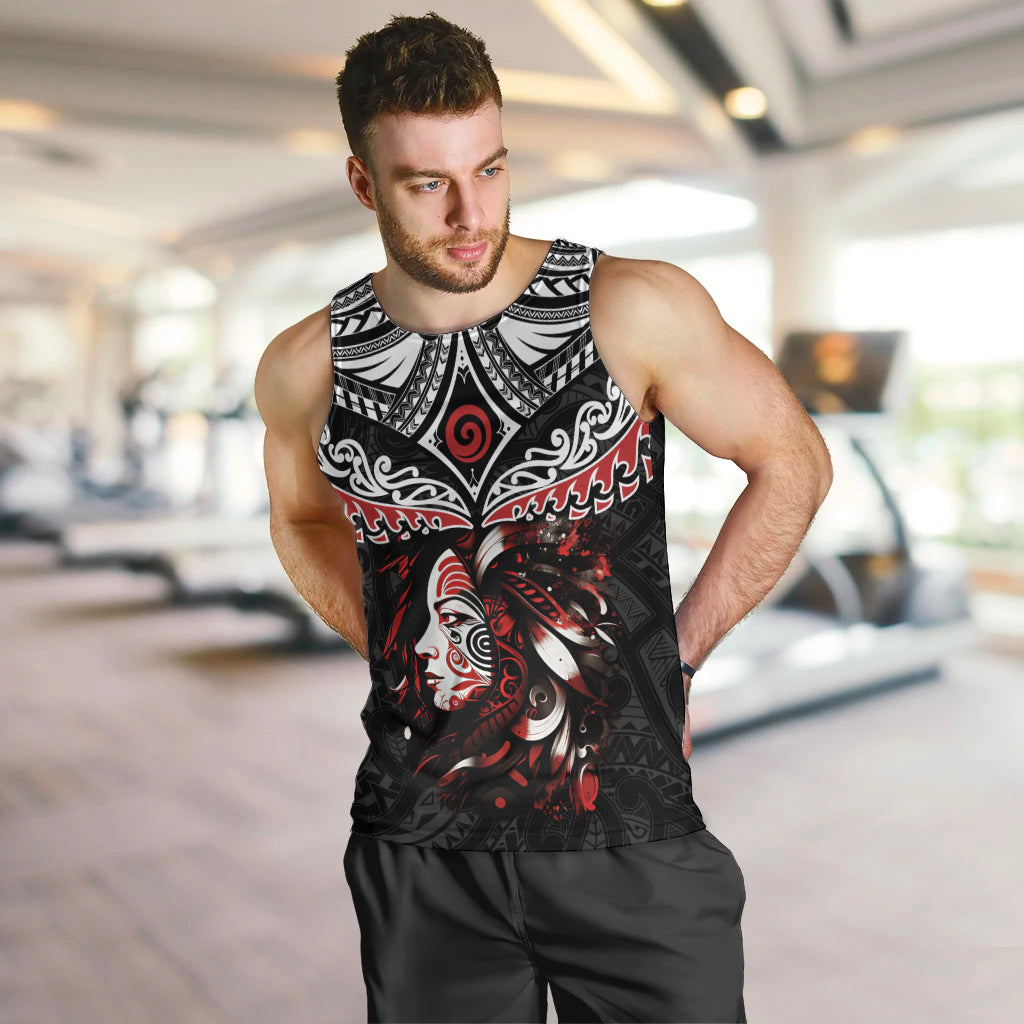 New Zealand Maori Girl Men Tank Top Silver Fern and Koru Pattern LT03 Black - Polynesian Pride