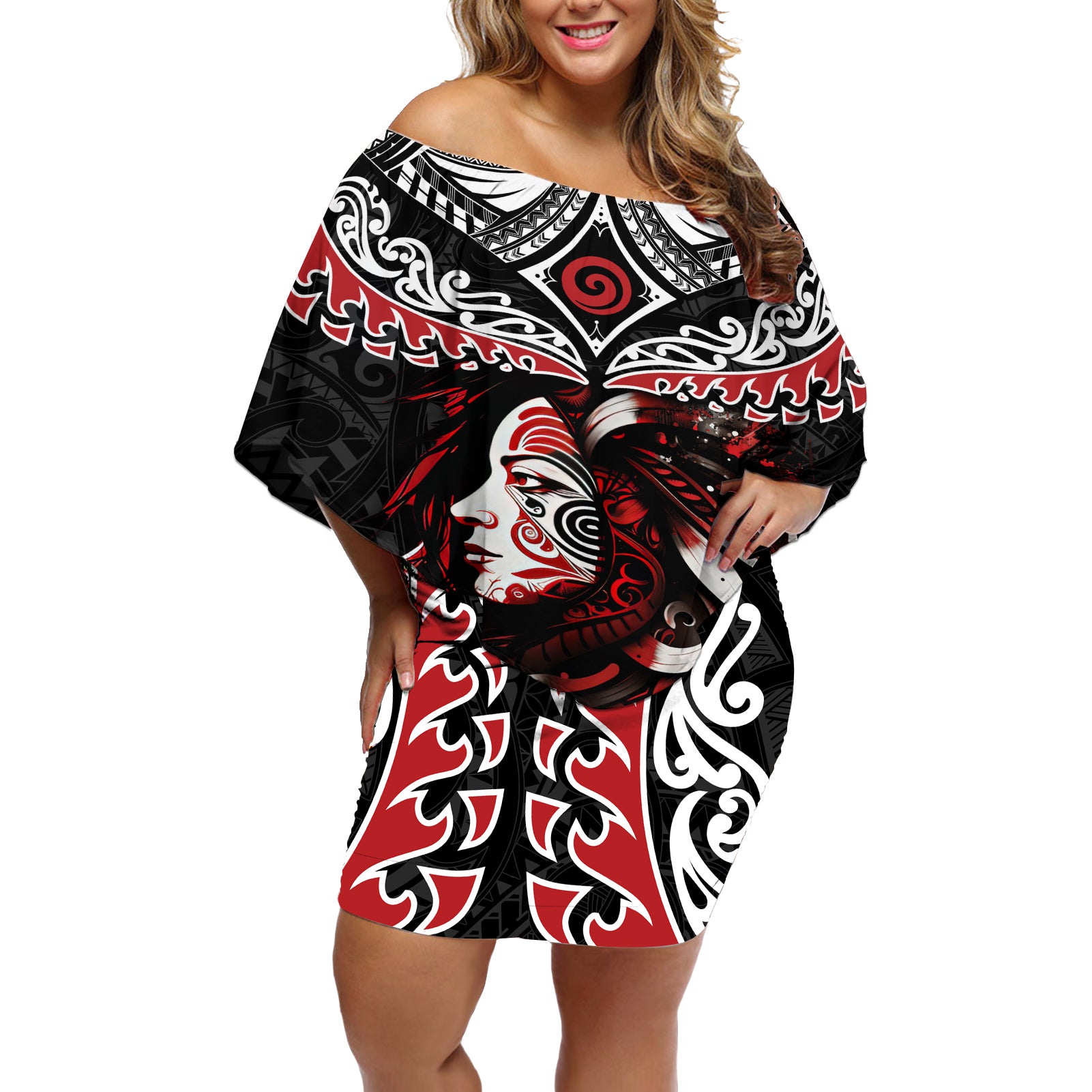 New Zealand Maori Girl Off Shoulder Short Dress Silver Fern and Koru Pattern LT03 Women Black - Polynesian Pride