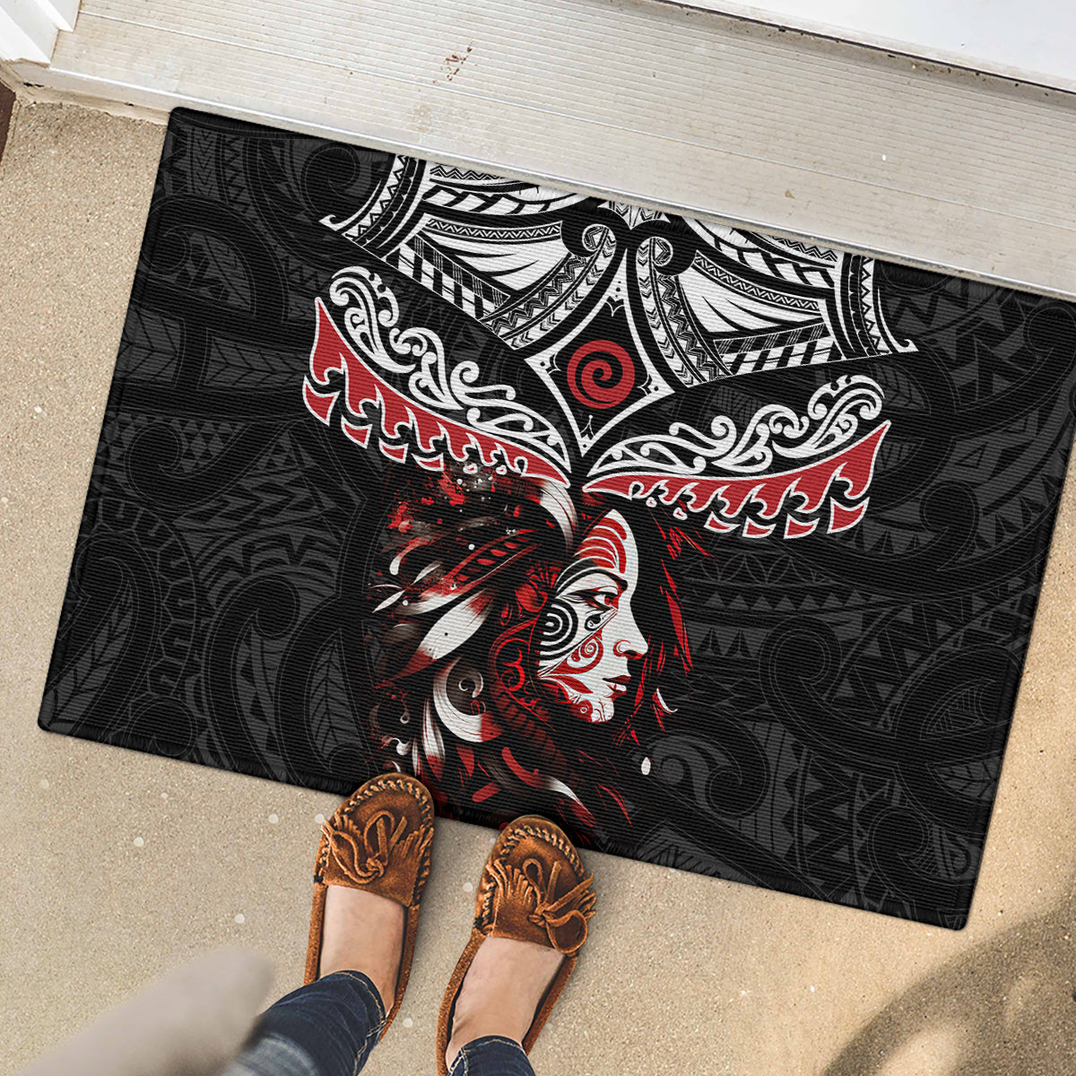 New Zealand Maori Girl Rubber Doormat Silver Fern and Koru Pattern LT03 - Polynesian Pride