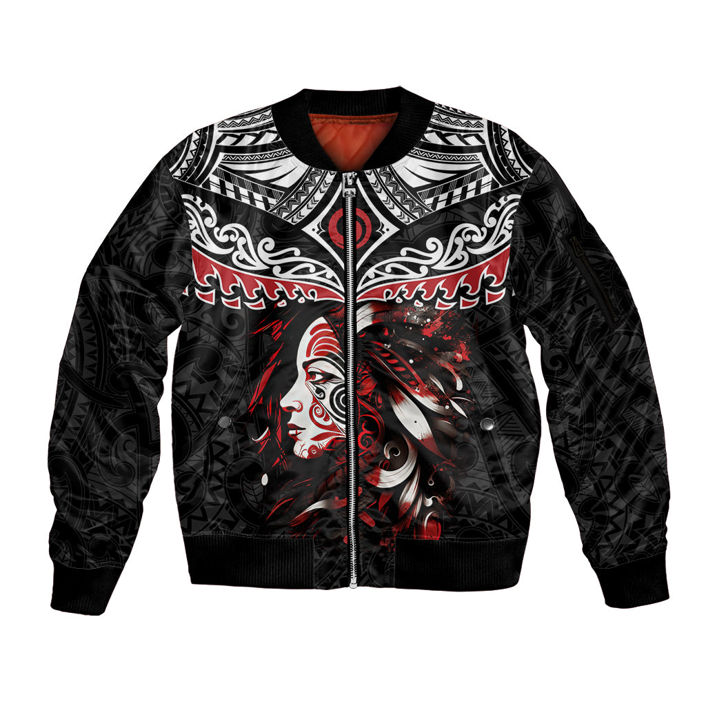 New Zealand Maori Girl Sleeve Zip Bomber Jacket Silver Fern and Koru Pattern LT03 Unisex Black - Polynesian Pride