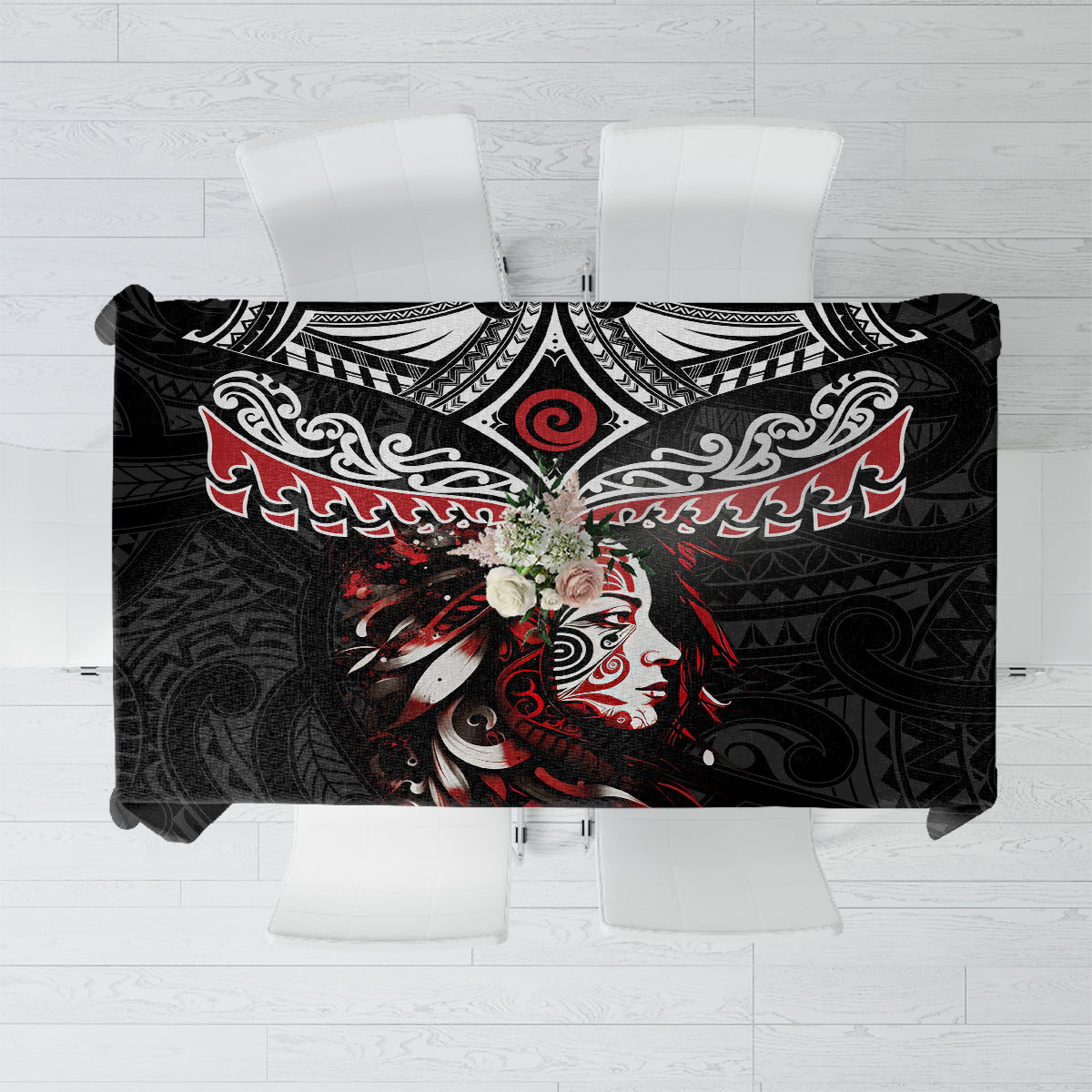 New Zealand Maori Girl Tablecloth Silver Fern and Koru Pattern LT03 Black - Polynesian Pride