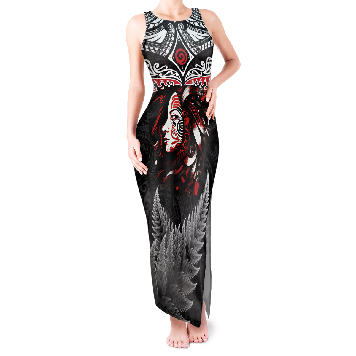 New Zealand Maori Girl Tank Maxi Dress Silver Fern and Koru Pattern LT03 Women Black - Polynesian Pride