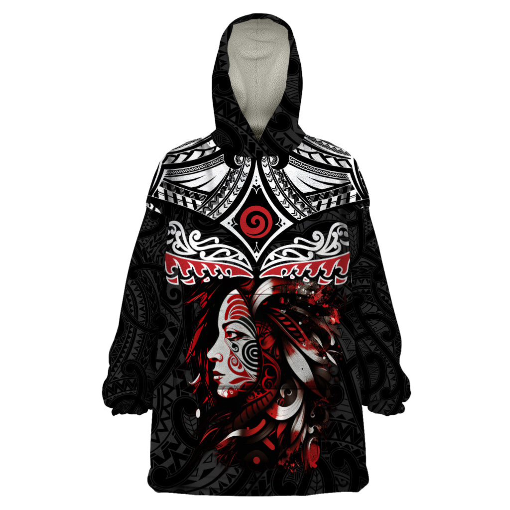 New Zealand Maori Girl Wearable Blanket Hoodie Silver Fern and Koru Pattern LT03 One Size Black - Polynesian Pride