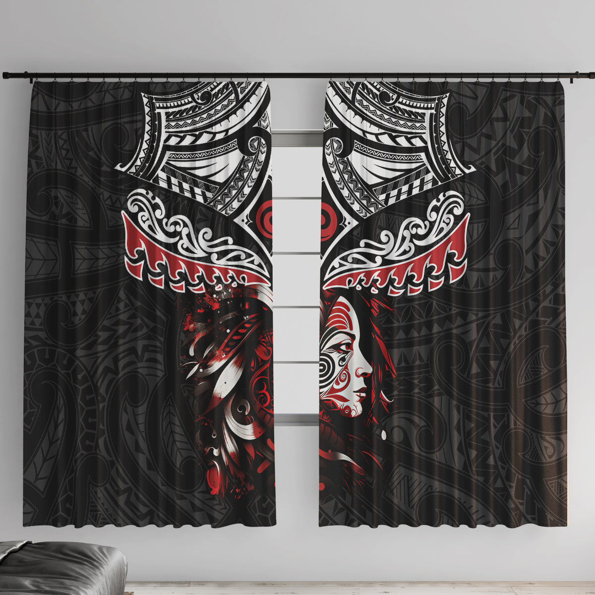 New Zealand Maori Girl Window Curtain Silver Fern and Koru Pattern LT03 With Hooks Black - Polynesian Pride