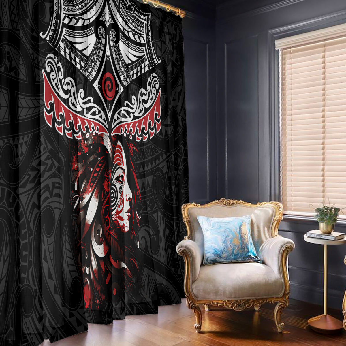 New Zealand Maori Girl Window Curtain Silver Fern and Koru Pattern LT03 - Polynesian Pride