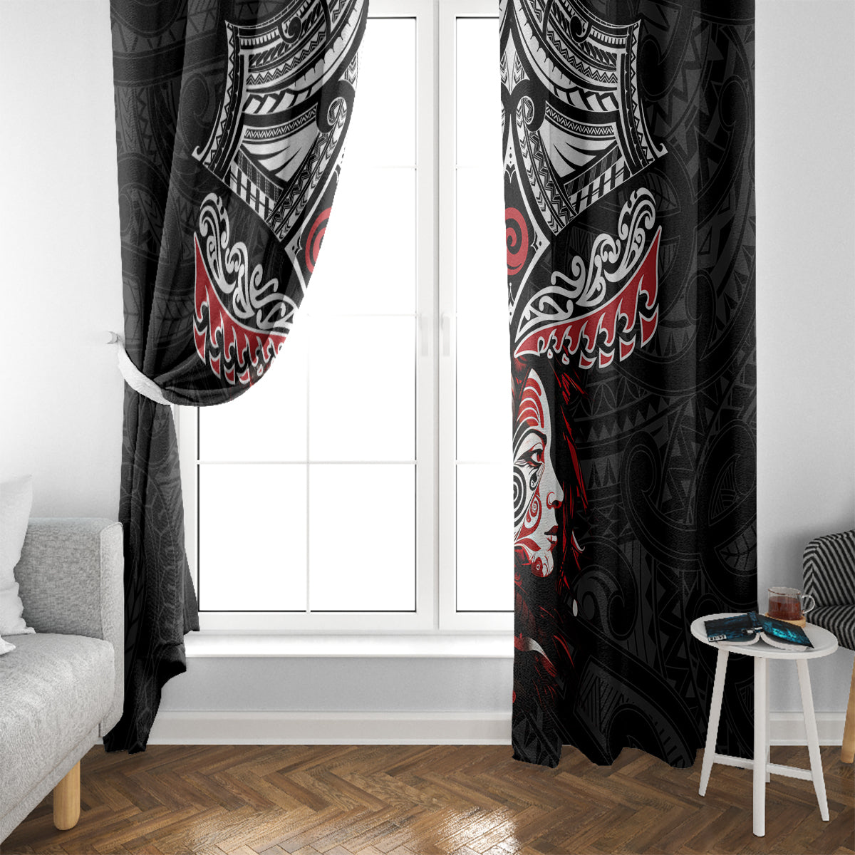 New Zealand Maori Girl Window Curtain Silver Fern and Koru Pattern LT03 - Polynesian Pride