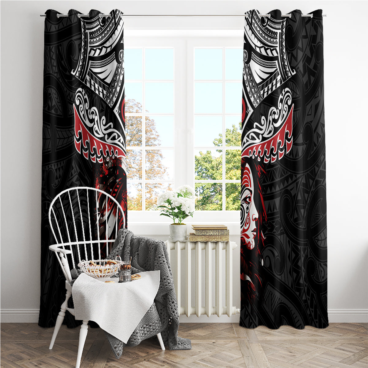 New Zealand Maori Girl Window Curtain Silver Fern and Koru Pattern LT03 - Polynesian Pride