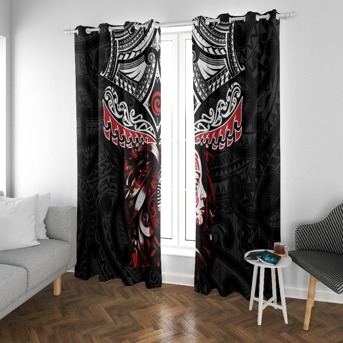 New Zealand Maori Girl Window Curtain Silver Fern and Koru Pattern LT03 With Grommets Black - Polynesian Pride