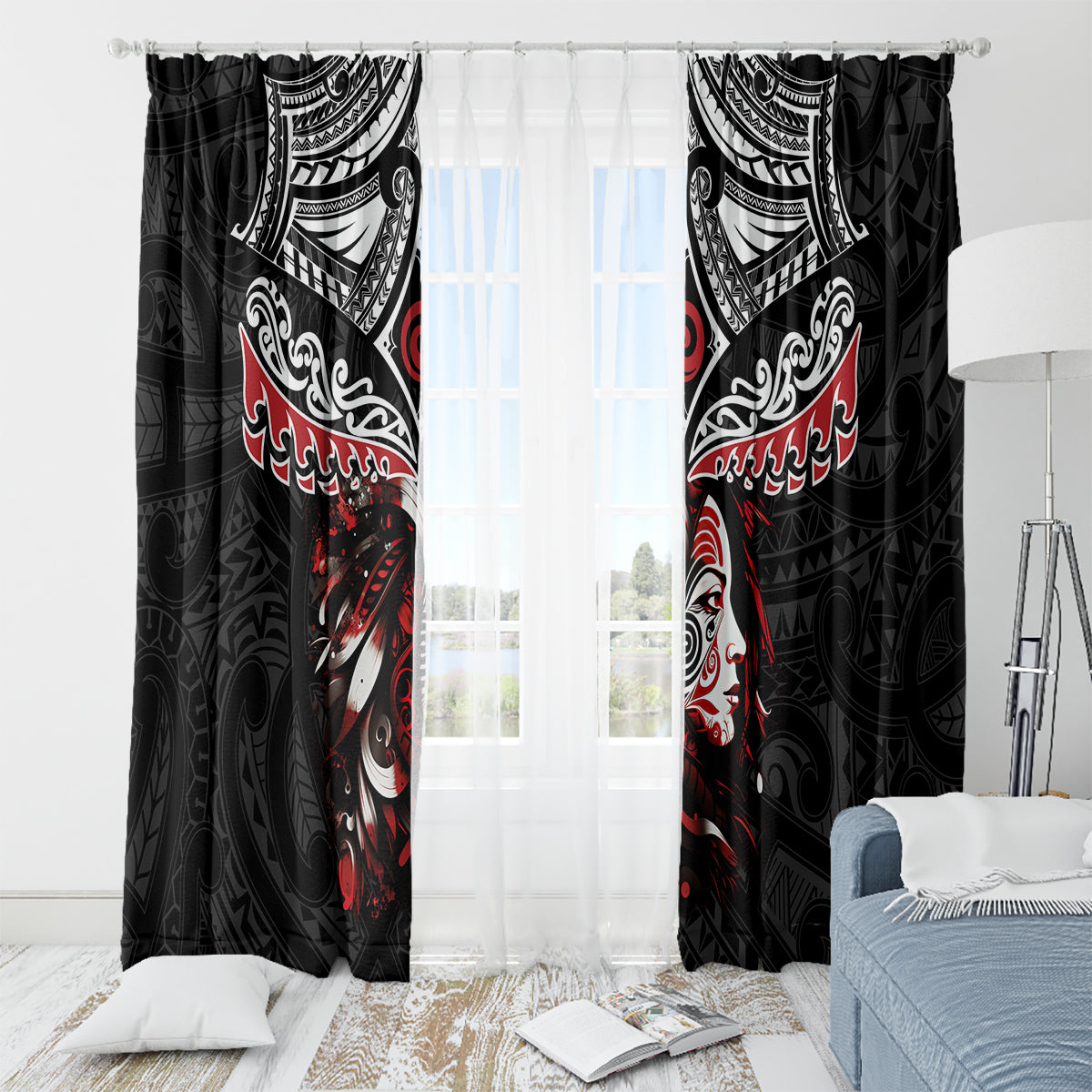 New Zealand Maori Girl Window Curtain Silver Fern and Koru Pattern LT03 - Polynesian Pride