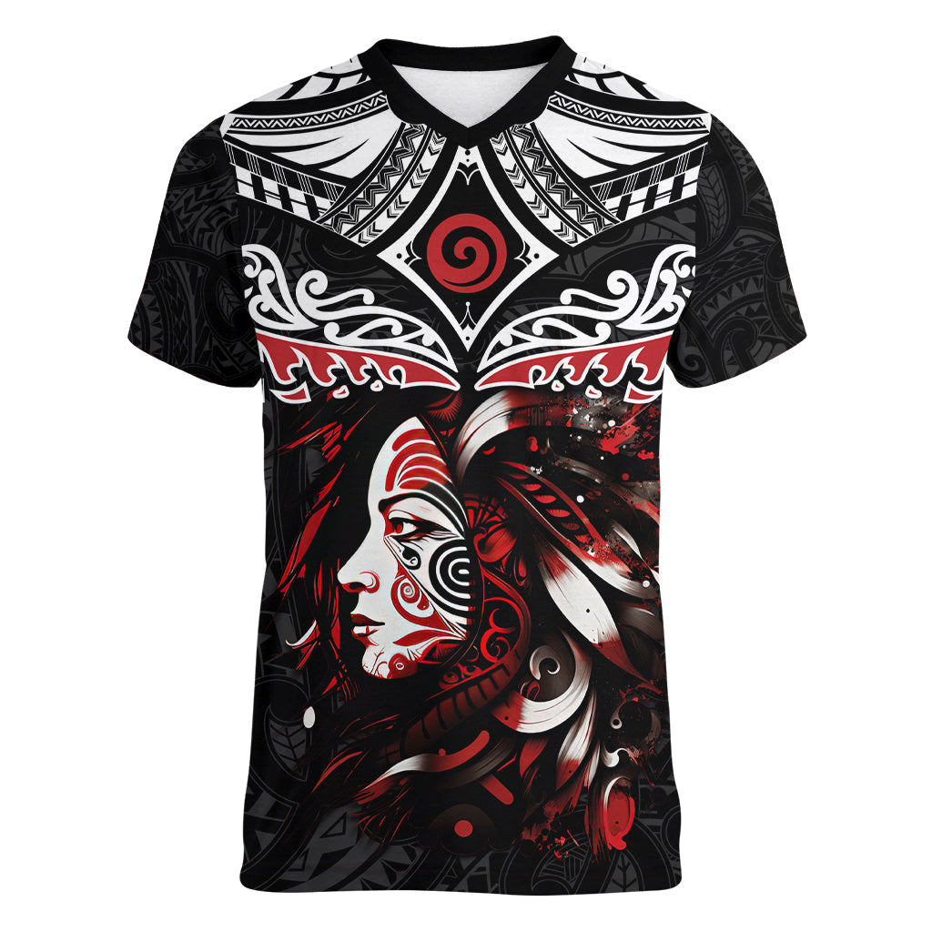 New Zealand Maori Girl Women V Neck T Shirt Silver Fern and Koru Pattern LT03 Female Black - Polynesian Pride
