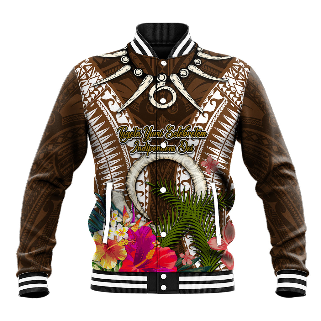 Vanuatu Selebretem 44th Indipendens Dei Baseball Jacket Yumi Pig Tusk and Namele Fern LT03 Unisex Brown - Polynesian Pride