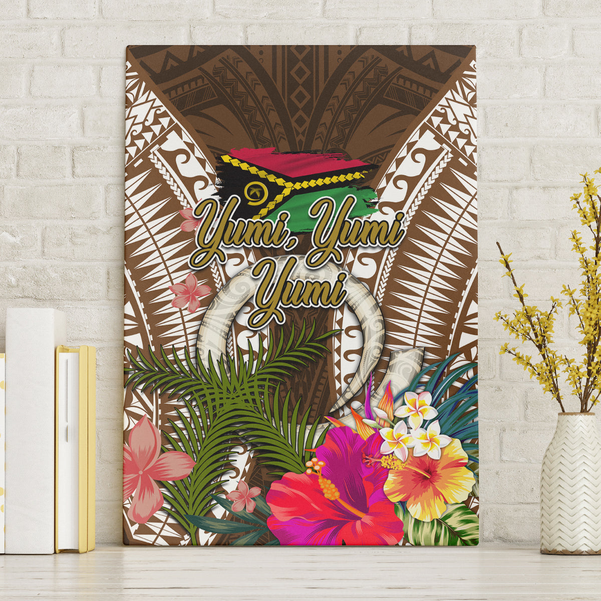 Vanuatu Selebretem 44th Indipendens Dei Canvas Wall Art Yumi Pig Tusk and Namele Fern LT03 Without Frame Brown - Polynesian Pride