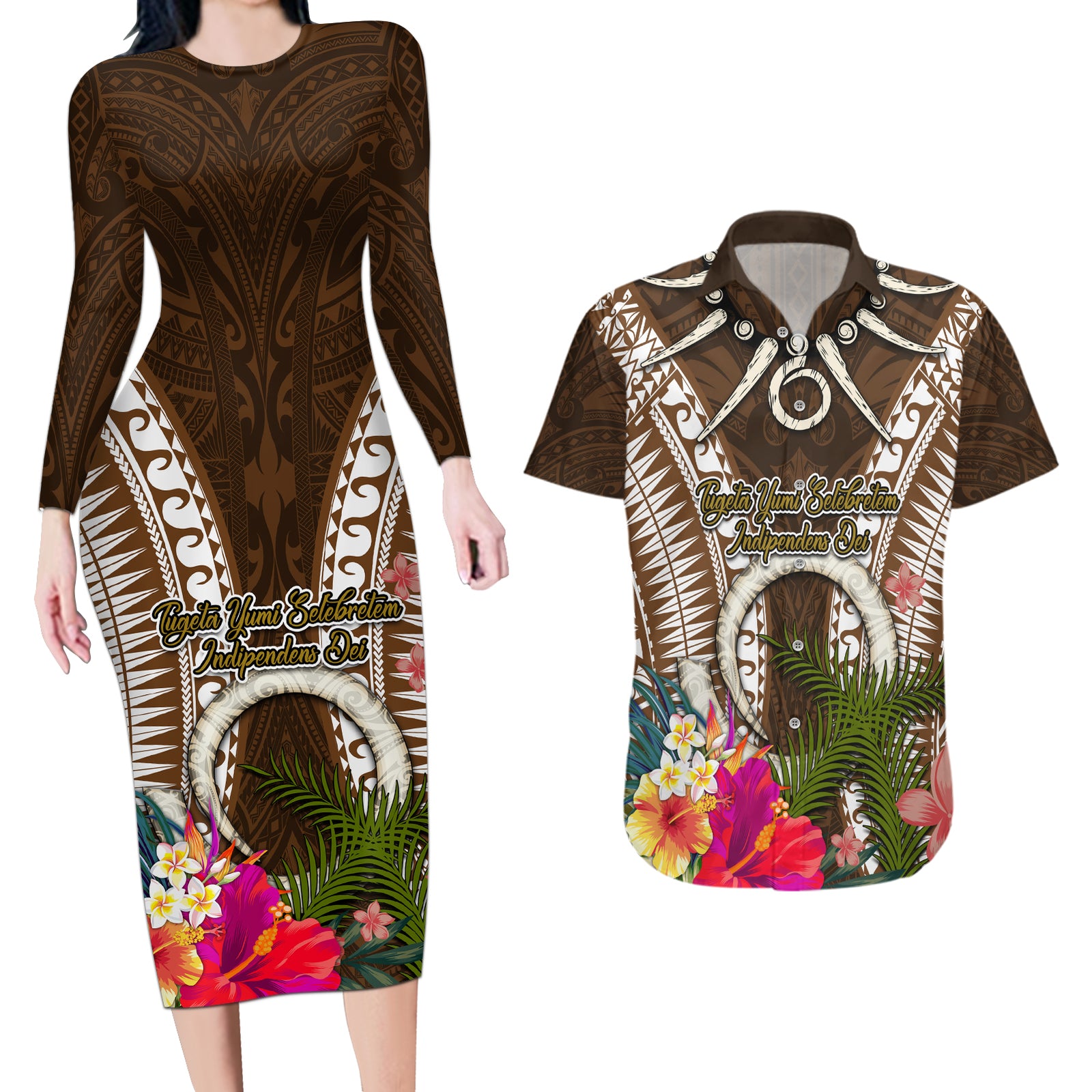 Vanuatu Selebretem 44th Indipendens Dei Couples Matching Long Sleeve Bodycon Dress and Hawaiian Shirt Yumi Pig Tusk and Namele Fern LT03 Brown - Polynesian Pride