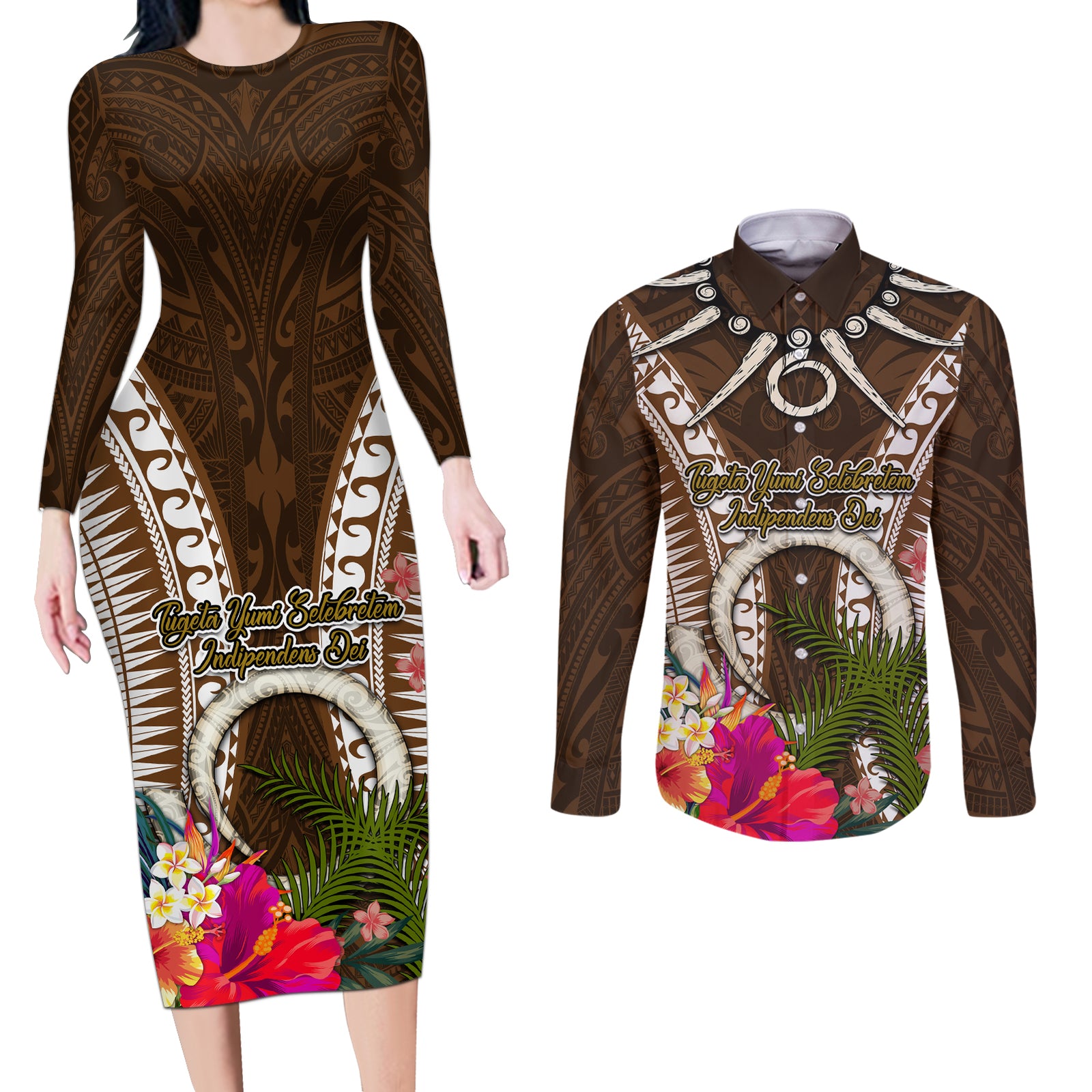Vanuatu Selebretem 44th Indipendens Dei Couples Matching Long Sleeve Bodycon Dress and Long Sleeve Button Shirt Yumi Pig Tusk and Namele Fern LT03 Brown - Polynesian Pride