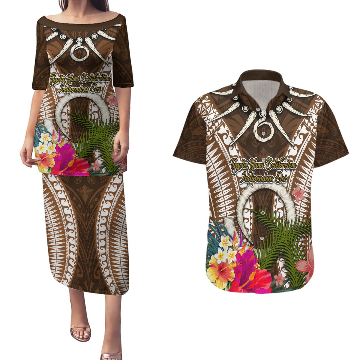 Vanuatu Selebretem 44th Indipendens Dei Couples Matching Puletasi and Hawaiian Shirt Yumi Pig Tusk and Namele Fern