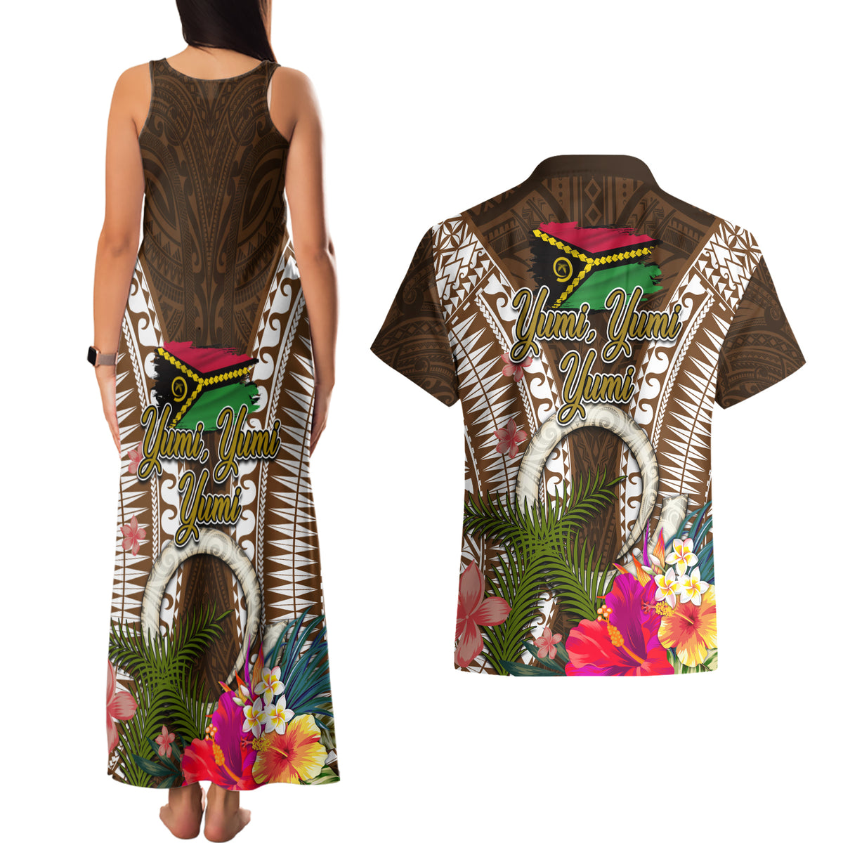 Vanuatu Selebretem 44th Indipendens Dei Couples Matching Tank Maxi Dress and Hawaiian Shirt Yumi Pig Tusk and Namele Fern