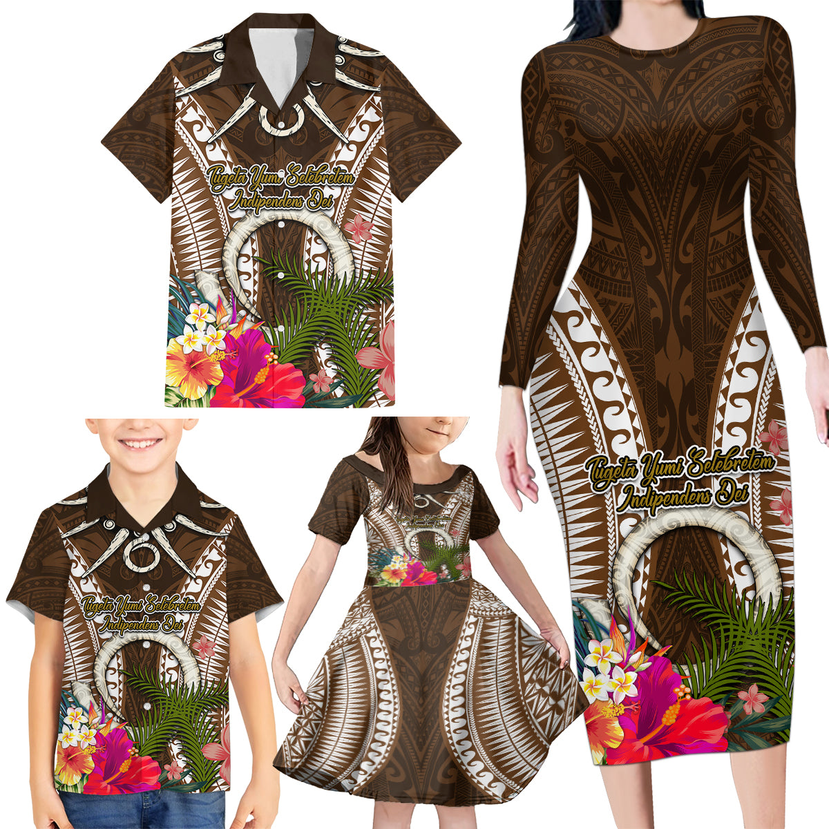 Vanuatu Selebretem 44th Indipendens Dei Family Matching Long Sleeve Bodycon Dress and Hawaiian Shirt Yumi Pig Tusk and Namele Fern