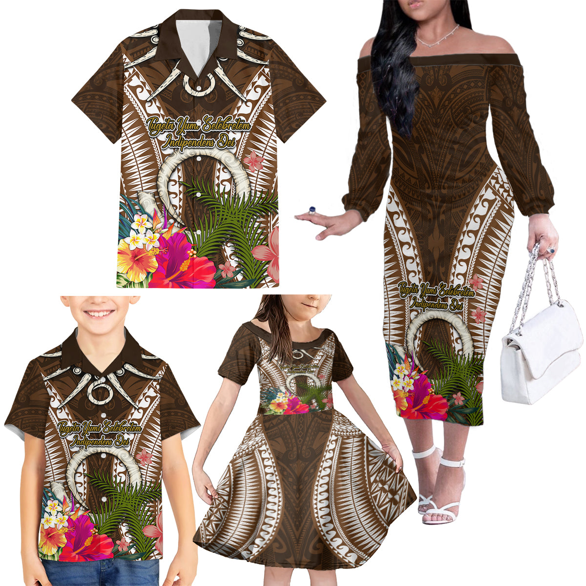 Vanuatu Selebretem 44th Indipendens Dei Family Matching Off The Shoulder Long Sleeve Dress and Hawaiian Shirt Yumi Pig Tusk and Namele Fern LT03 - Polynesian Pride