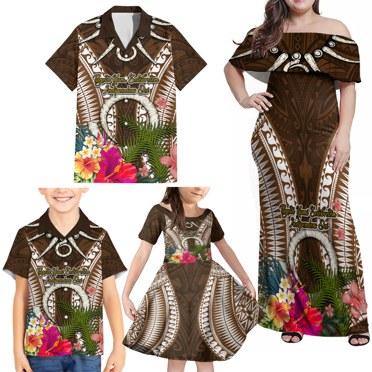 Vanuatu Selebretem 44th Indipendens Dei Family Matching Off Shoulder Maxi Dress and Hawaiian Shirt Yumi Pig Tusk and Namele Fern