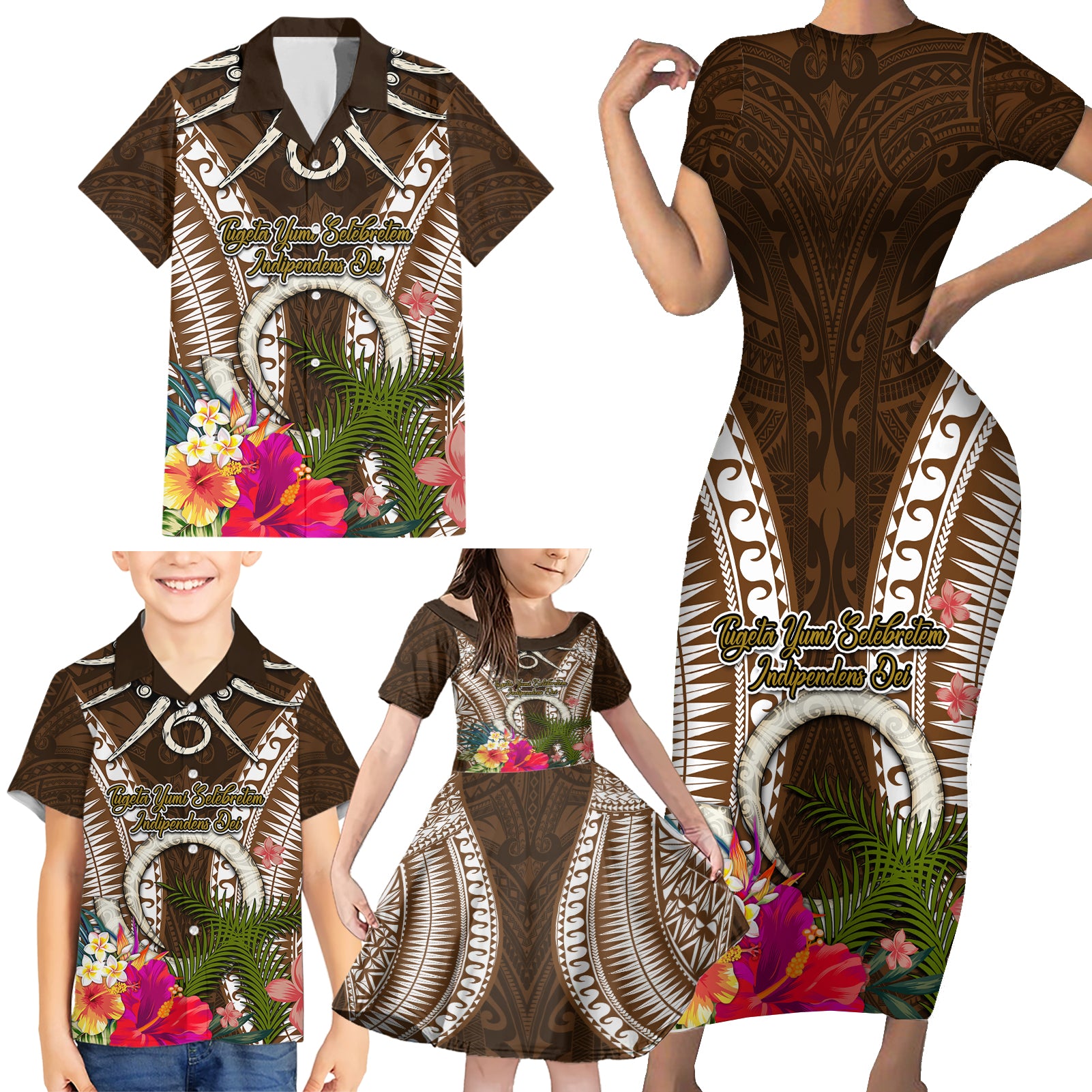 Vanuatu Selebretem 44th Indipendens Dei Family Matching Short Sleeve Bodycon Dress and Hawaiian Shirt Yumi Pig Tusk and Namele Fern