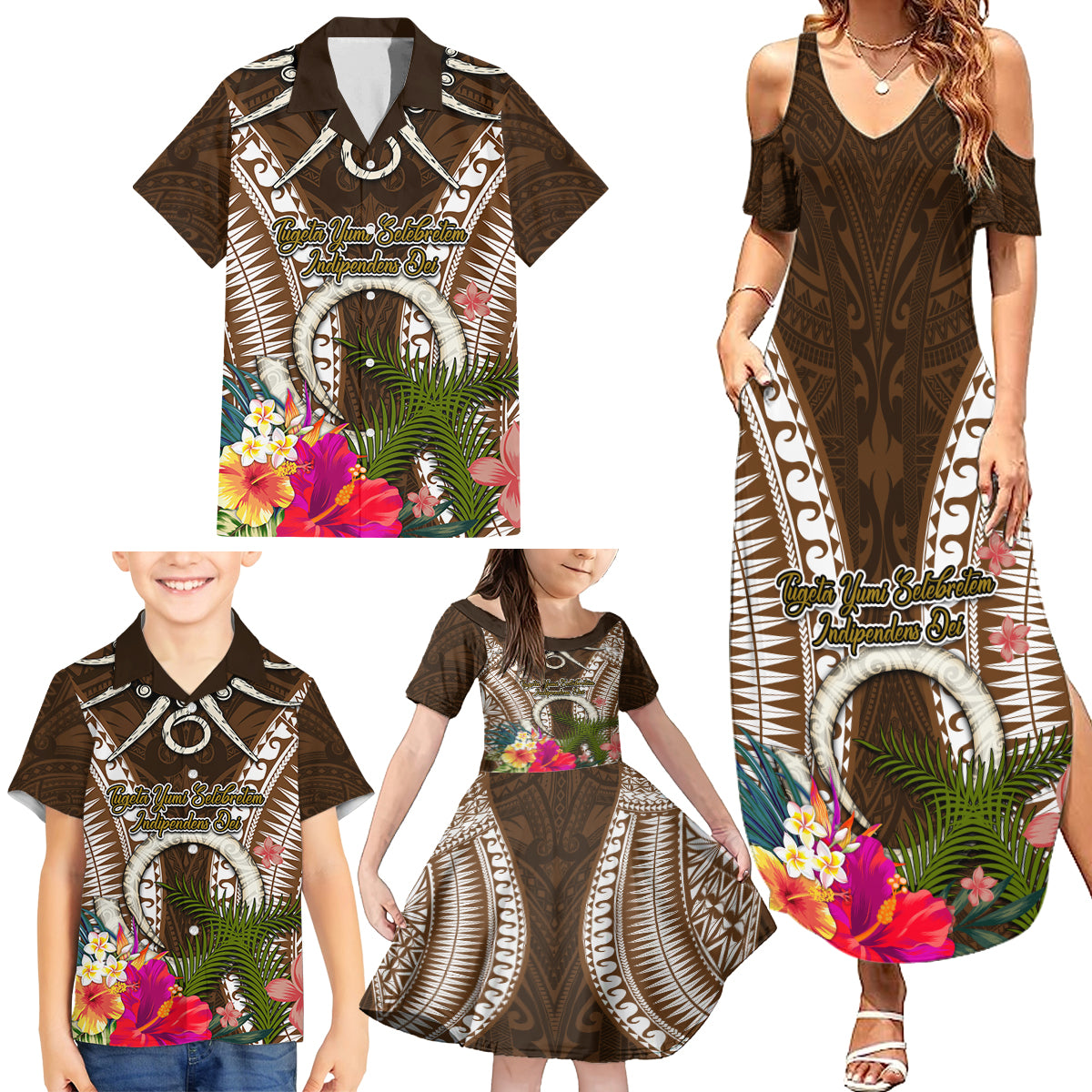 Vanuatu Selebretem 44th Indipendens Dei Family Matching Summer Maxi Dress and Hawaiian Shirt Yumi Pig Tusk and Namele Fern LT03 - Polynesian Pride