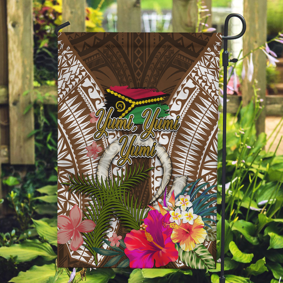 Vanuatu Selebretem 44th Indipendens Dei Garden Flag Yumi Pig Tusk and Namele Fern LT03 Garden Flag Brown - Polynesian Pride