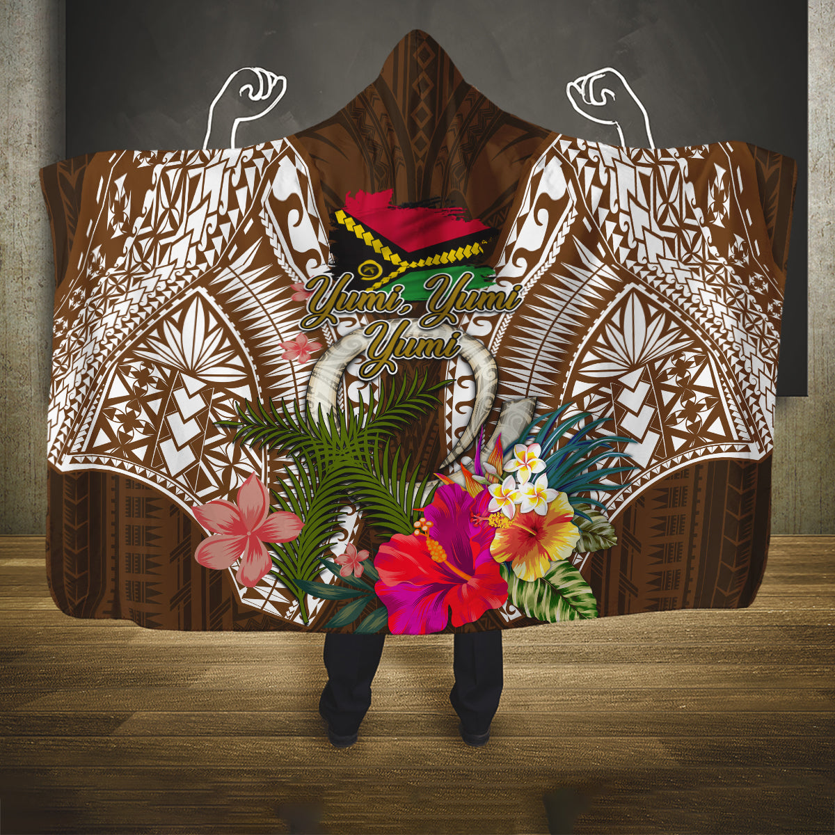 Vanuatu Selebretem 44th Indipendens Dei Hooded Blanket Yumi Pig Tusk and Namele Fern LT03 One Size Brown - Polynesian Pride