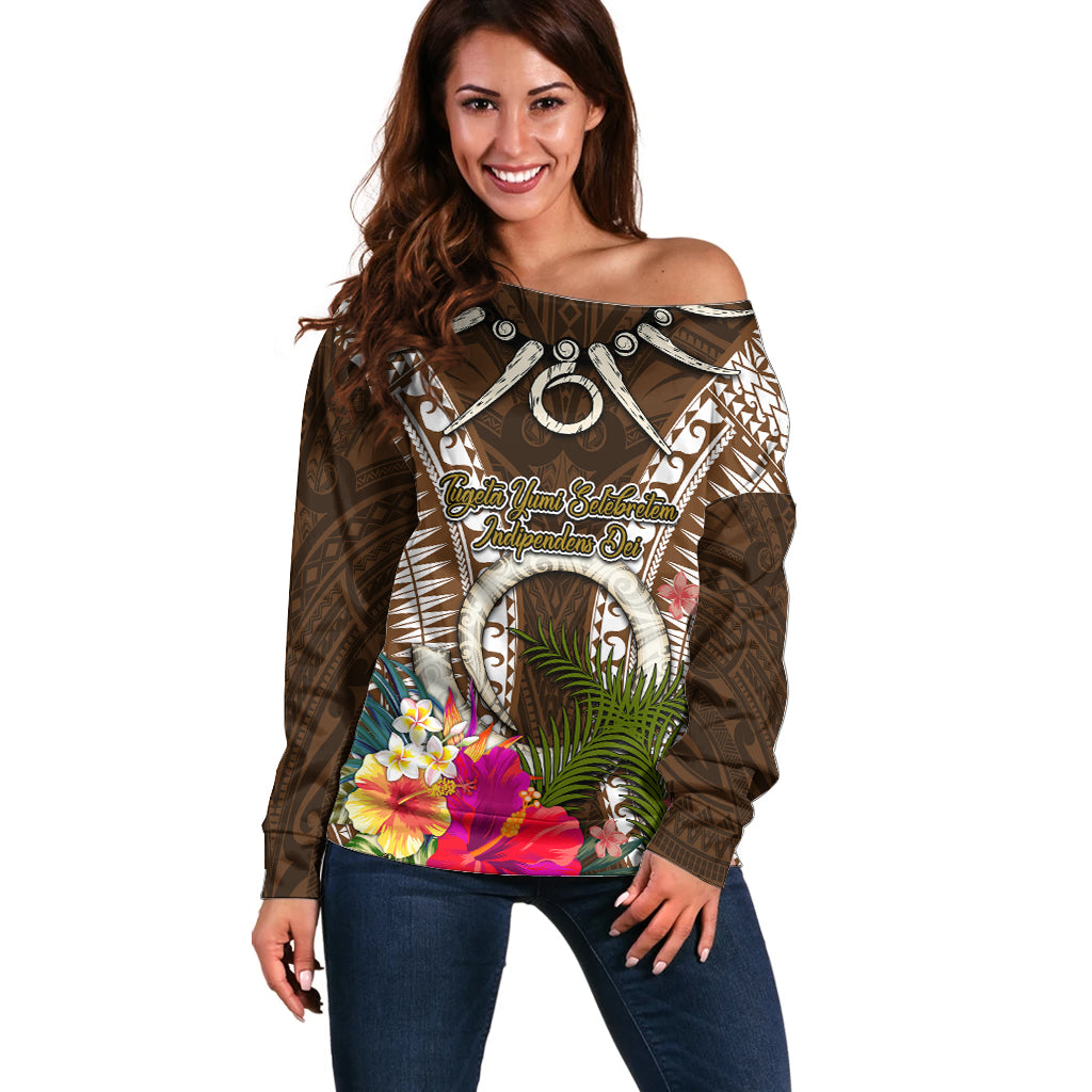 Vanuatu Selebretem 44th Indipendens Dei Off Shoulder Sweater Yumi Pig Tusk and Namele Fern