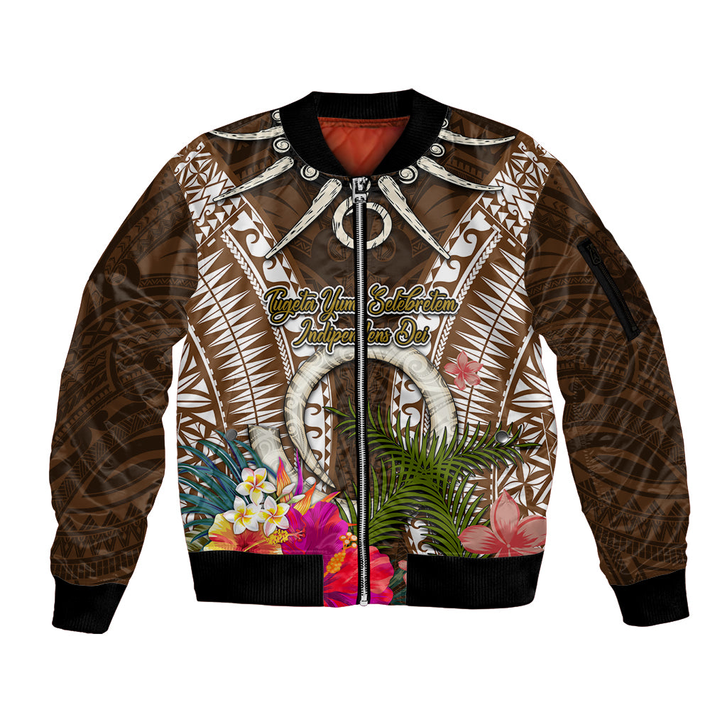 Vanuatu Selebretem 44th Indipendens Dei Sleeve Zip Bomber Jacket Yumi Pig Tusk and Namele Fern LT03 Unisex Brown - Polynesian Pride