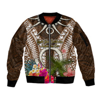 Vanuatu Selebretem 44th Indipendens Dei Sleeve Zip Bomber Jacket Yumi Pig Tusk and Namele Fern LT03 Unisex Brown - Polynesian Pride