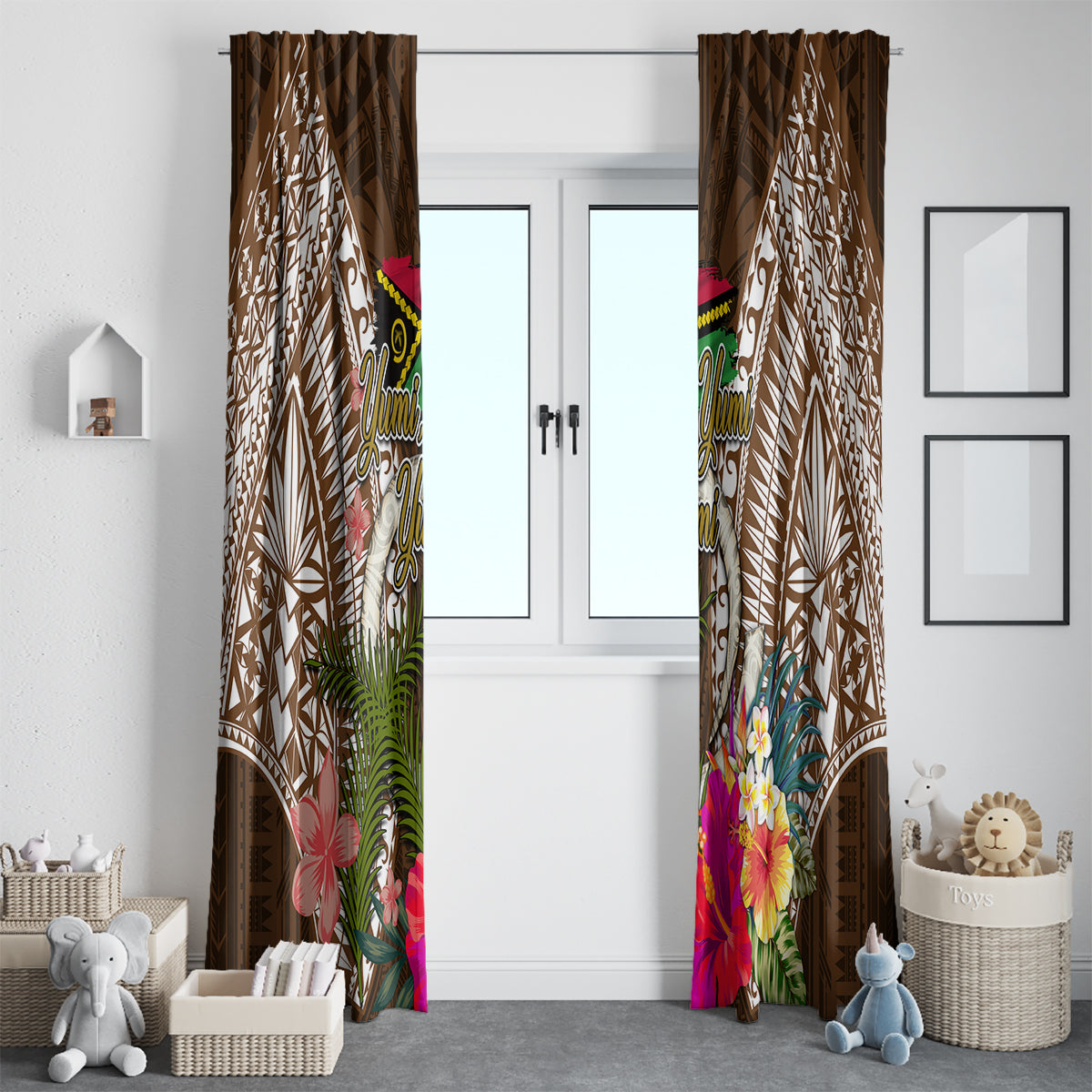 Vanuatu Selebretem 44th Indipendens Dei Window Curtain Yumi Pig Tusk and Namele Fern LT03 - Polynesian Pride