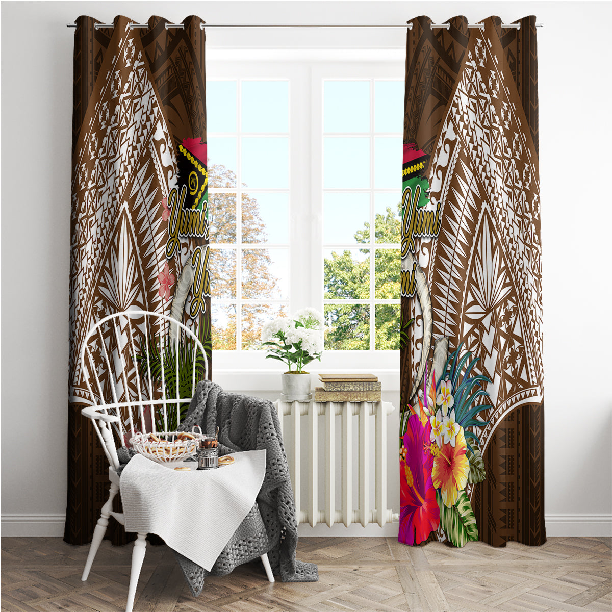 Vanuatu Selebretem 44th Indipendens Dei Window Curtain Yumi Pig Tusk and Namele Fern LT03 - Polynesian Pride
