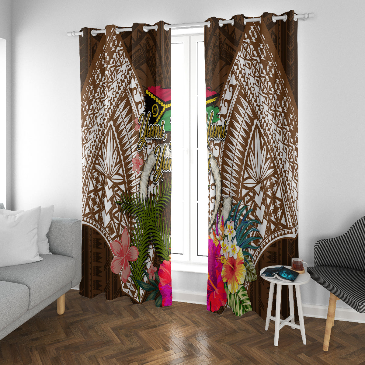 Vanuatu Selebretem 44th Indipendens Dei Window Curtain Yumi Pig Tusk and Namele Fern LT03 With Grommets Brown - Polynesian Pride
