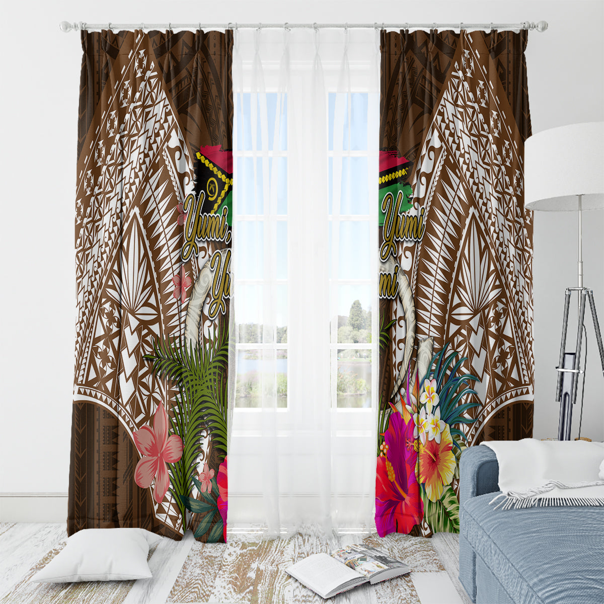 Vanuatu Selebretem 44th Indipendens Dei Window Curtain Yumi Pig Tusk and Namele Fern LT03 - Polynesian Pride