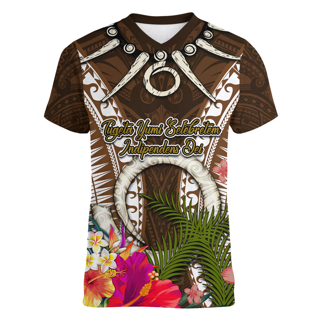 Vanuatu Selebretem 44th Indipendens Dei Women V-Neck T-Shirt Yumi Pig Tusk and Namele Fern